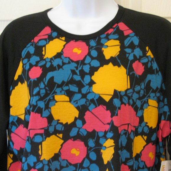 * 2/$15 LuLaRoe Randy Top Large NWT $35 Black Sleeves Colorful Flowers - Picture 2 of 4